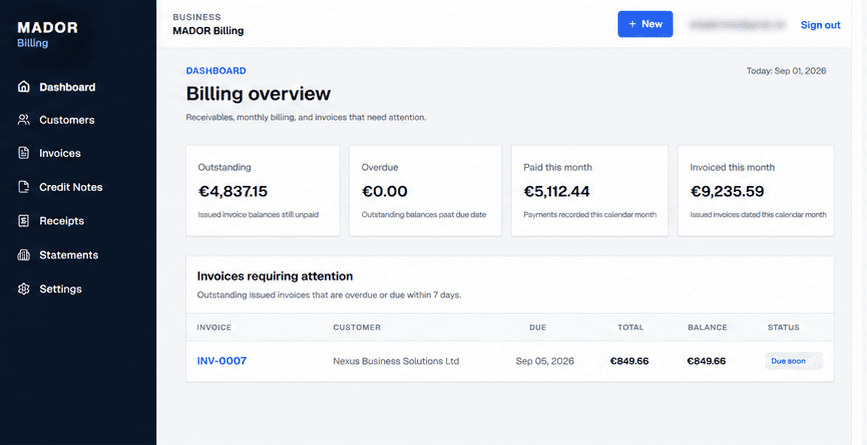 MADOR Billing dashboard showing invoice totals, outstanding balances and recent billing activity.