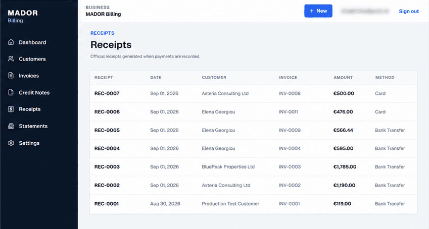 MADOR Billing receipts screen showing customer payment records and invoice-linked transactions.